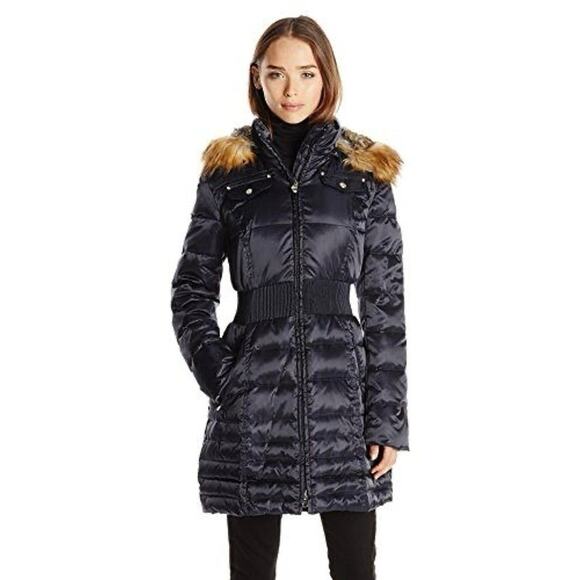 Laundry Shelli Segal Dark Navy Blue Faux Fur Down Cinched Puffer Coat womens M - Picture 1 of 17